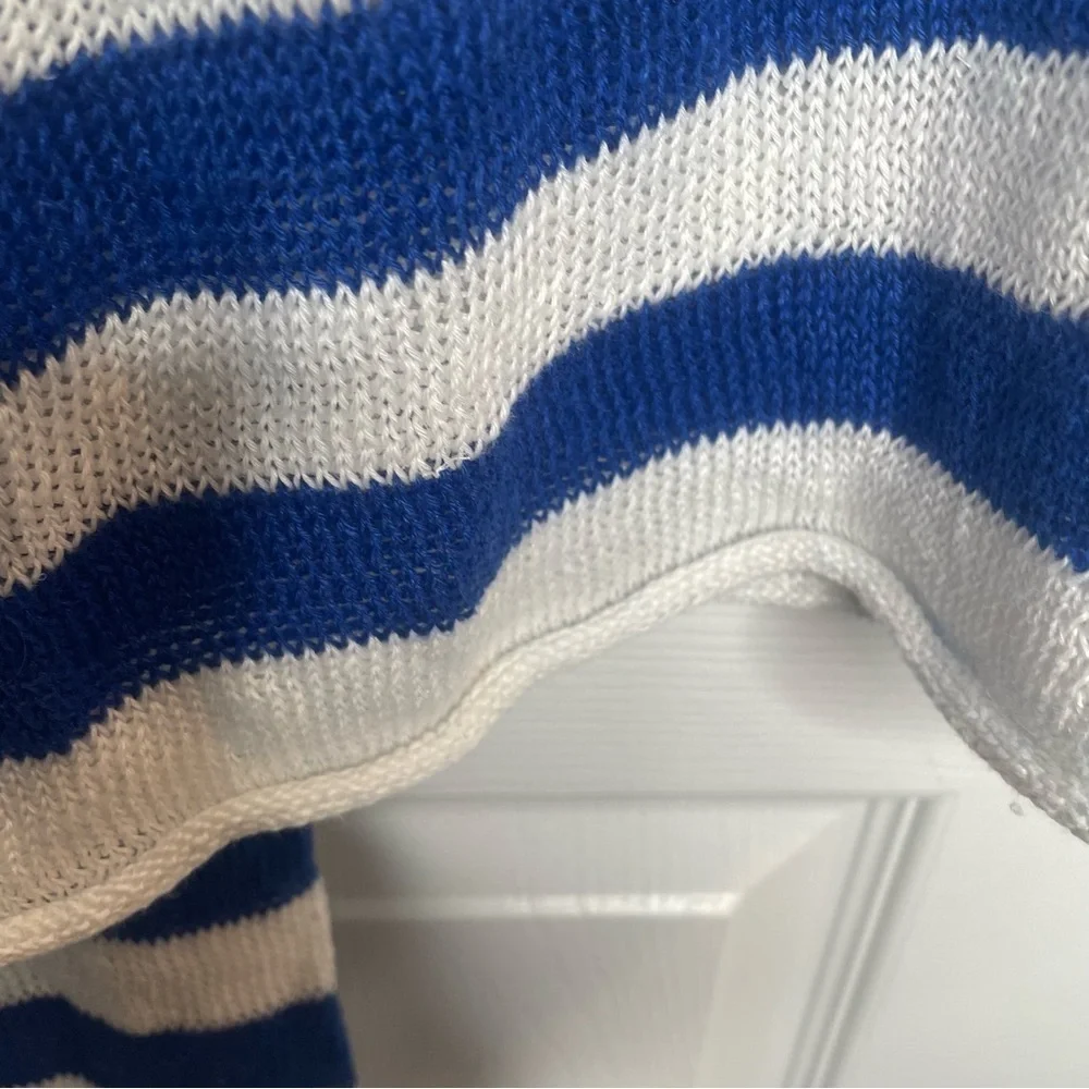 Madewell Linen V-Neck Sweater Beach Vacation Preppy in Sapphire Blue Stripe 2X